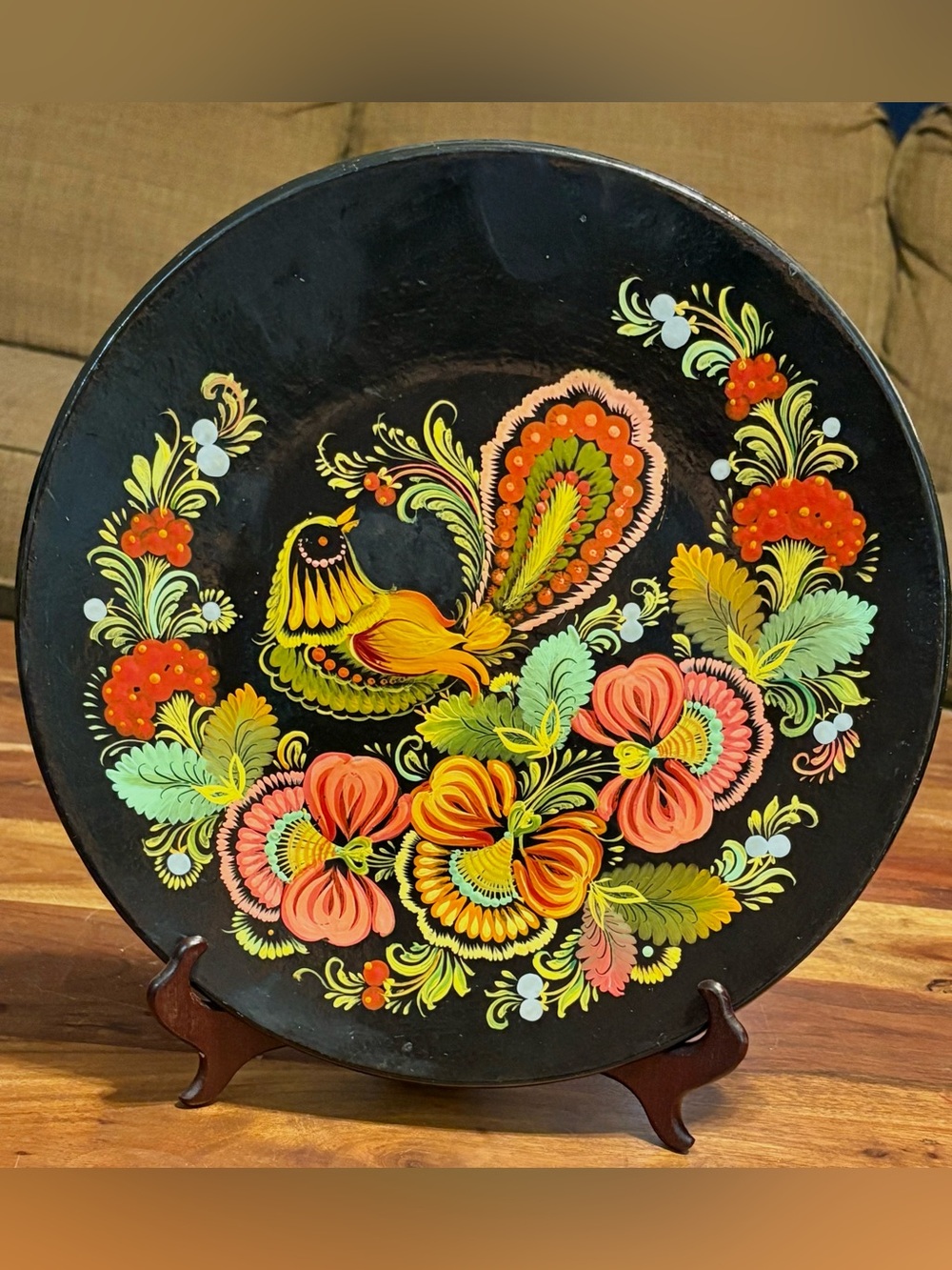 Vintage Ukrainian HandPainted Bird Folk Art  Lacquered Wood Display Plate